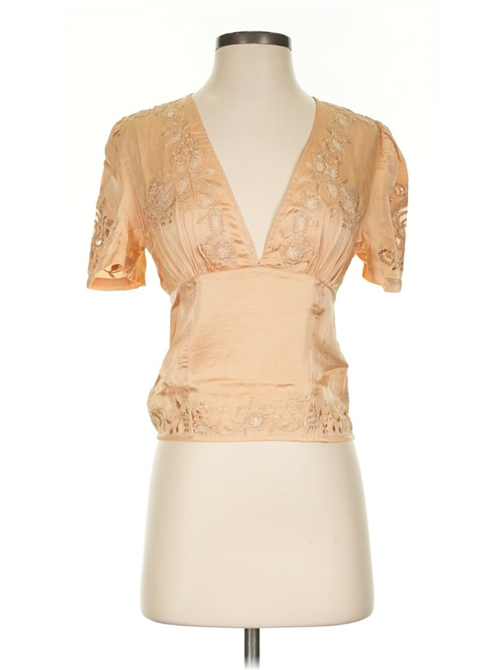 Free People Tan Ruffle Short Sleeve Pull Over Top XS NWT